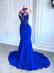 Long Prom Dresses Elegant High Neck Luxury Beaded Embroidery Royal Blue Spandex Mermaid Prom Gala Gowns