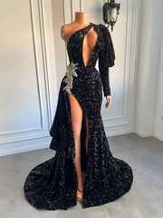 Elegant Sparkly Black One Shoulder Single Long Sleeve Prom Dress