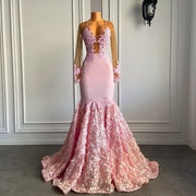 See Through Beaded Long Pink Prom Dress