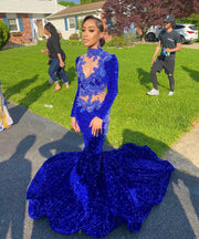 Royal Blue Beaded Long Sleeved Prom Dress