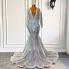 Sexy Sparkly Luxury Long Sleeve Silver Diamond Prom Dress