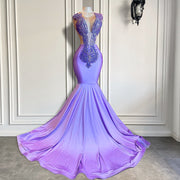 Luxurious Long Prom Dresses Sexy Mermaid Handmade Beaded Diamond Lavender Prom Gala Party Formal Occasion Dress