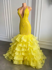 Sexy V-neck Mermaid Ruffle Yellow Organza Sparkly Sequin Long Prom Dress