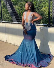 Luxury Sheer O-neck Silver Crystals Women Mermaid Prom Gowns Navy Blue Prom Dresses