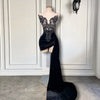 Beaded Embroidery Black Velvet Dress With Side Train