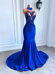 Long Prom Dresses Elegant High Neck Luxury Beaded Embroidery Royal Blue Spandex Mermaid Prom Gala Gowns