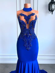 Long Prom Dresses Elegant High Neck Luxury Beaded Embroidery Royal Blue Spandex Mermaid Prom Gala Gowns