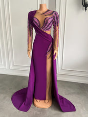 Long Sleeve Evening Dresses Luxury Real Sample Pearls Purple Satin Sheer Formal Evening Gowns