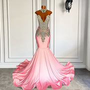 Long Pink Prom Dresses Sexy Mermaid High Neck Luxury Sparkly Silver Diamond Prom Formal Gala Gowns