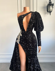 Elegant Sparkly Black One Shoulder Single Long Sleeve Prom Dress