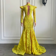 Long Elegant Prom Dresses 2023 See Through Sexy Long Sleeve Sparkly Yellow Sequin Mermaid Prom Gowns