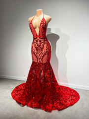 Long Sexy Prom Dress Halter Mermaid Style Backless Sparkly Red Sequin Prom Gala Gowns