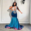 Luxury Sheer O-neck Silver Crystals Women Mermaid Prom Gowns Navy Blue Prom Dress
