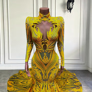 Sexy Mermaid Style Long Sleeve High Neck Yellow Sequin Long Prom Dresses For Party