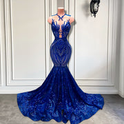 Real Sample Long Prom Dresses Fitted Mermaid Style Sheer Mesh Royal Blue Sparkly Sequined Women Prom Gala Gowns