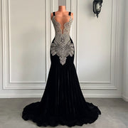 Luxury Long Prom Dresses Sexy Mermaid Style Sparkly Silver Diamond Crystals Velvet Prom Party Gowns