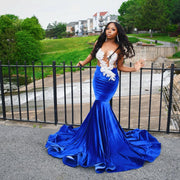 Long Elegant Prom Dresses Sexy Sheer Top Luxury Beaded Embroidery Royal Blue Velvet Short Prom Gown