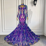 Long Prom Dresses High Neck Sexy Long Sleeve Sparkly Purple Sequin Fitted Prom Gala Gowns For Party