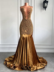 Gold Sheer Top Diamond Velvet Mermaid Prom Dress