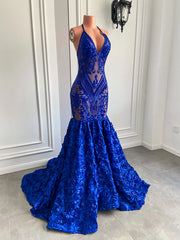 Floral Elegance: Royal Blue Sequin Prom Dress