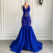 Floral Elegance: Royal Blue Sequin Prom Dress