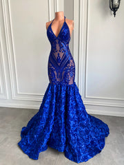 Floral Elegance: Royal Blue Sequin Prom Dress