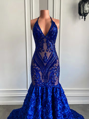 Floral Elegance: Royal Blue Sequin Prom Dress