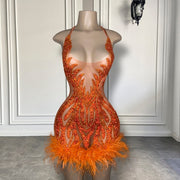 See Through Sexy Women Birthday Party Gowns Halter Sparkly Crystals Orange  Mini Short Prom Dresses