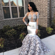 Sexy Mermaid Silver Prom Dresses Long Illusion Top Long Sleeves Appliqued Party Gown With Floral Train