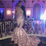 Sexy Mermaid High Neck Dusty Pink Prom Dress Cut-out Top Beaded Sequined