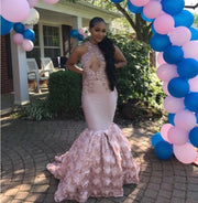 Sexy Mermaid High Neck Dusty Pink Prom Dress Cut-out Top Beaded Sequined