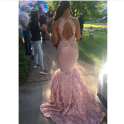 Sexy Mermaid High Neck Dusty Pink Prom Dress Cut-out Top Beaded Sequined