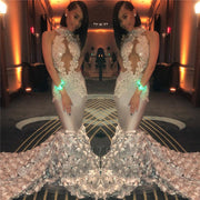 Sexy Mermaid High Neck Dusty Pink Prom Dress Cut-out Top Beaded Sequined