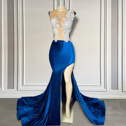 Sheer Mesh Navy Blue Prom Dress