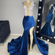 Sheer Mesh Navy Blue Prom Dress 2024