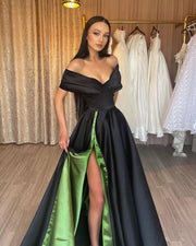 Sexy High Slit Off The Shoulder Neck Black A-line Long Luxury Evening Dresses Formal Women Formal Gowns Robe de soirée