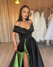 Sexy High Slit Off The Shoulder Neck Black A-line Long Luxury Evening Dresses Formal Women Formal Gowns Robe de soirée