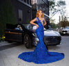Sexy Royal Blue Mermaid Sheer O Neck Glitter Sequins Prom Dress