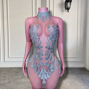 High Neck Luxury Sparkly Silver Beads Birthday Dress