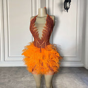 Sexy See Through Luxury Orange Diamond Women Formal Birthday Party Gowns Feather Mini Short Prom Dresses