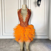 Sexy See Through Luxury Orange Diamond Women Formal Birthday Party Gowns Feather Mini Short Prom Dresses