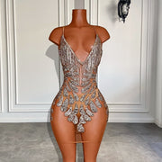 See Through Luxury Silver Beaded Crystals Birthday Dress