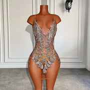 See Through Luxury Silver Beaded Crystals Birthday Dress