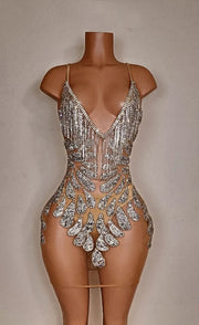 See Through Luxury Silver Beaded Crystals Birthday Dress