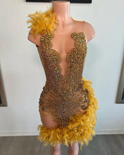 Sexy See Through Sheer Mesh Birthday Party Formal Gowns Sparkly Luxury Gold Diamond Feather Short Prom Dresses