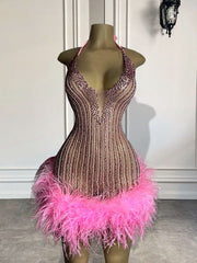 Pink Feather Halter Mini Dress