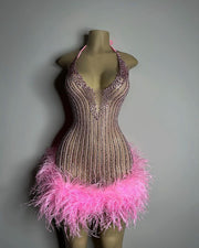 Pink Feather Halter Mini Dress