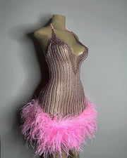 Pink Feather Halter Mini Dress