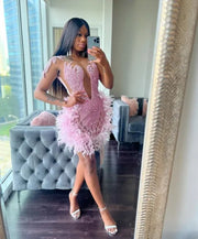 Pink Feathered Rhinestone Cocktail Dress