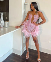 Pink Feathered Rhinestone Cocktail Dress